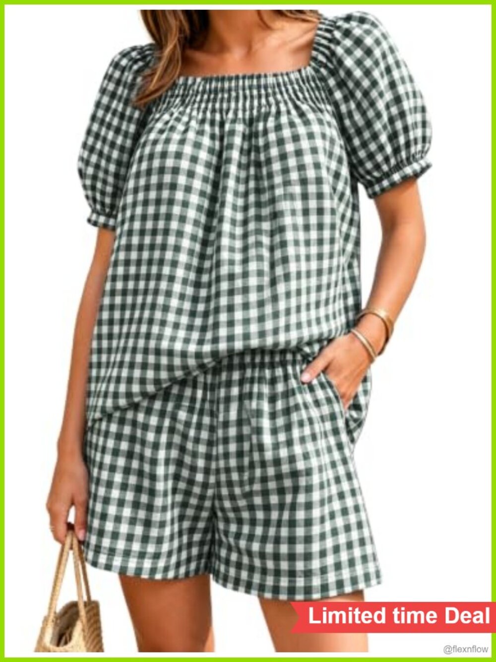 Plaid 2 Piece Lounge Set Cotton Smocked Babydoll Top & Wide Leg Shorts